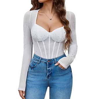 Avidlove Women Long Sleeve Bodysuit Sparkle Body Suits Top Mesh One Piece Leotard Shirt Going Out