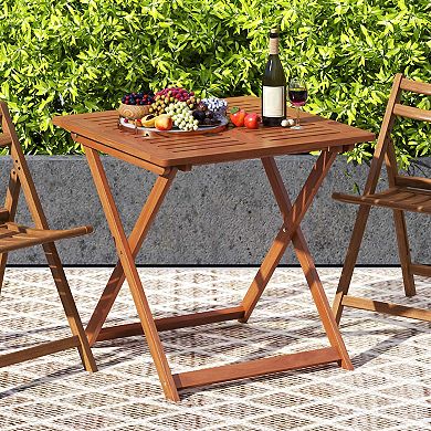 Costway 29.5" x 29.5" Patio Dining Table with Teak Painting 2" Umbrella Hole for Balcony