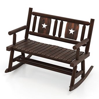 Costway Patio Rocking Bench Carbonized Wood Double Rocker Chair with Ergonomic Seat Rustic