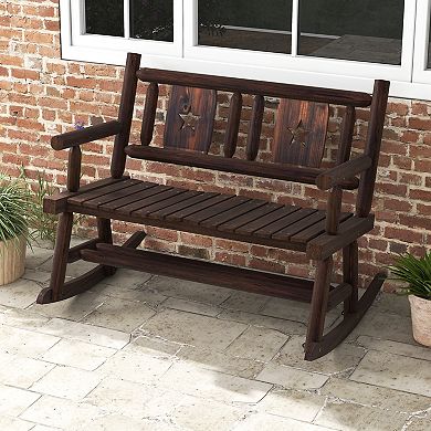 Costway Patio Rocking Bench Carbonized Wood Double Rocker Chair with Ergonomic Seat Rustic