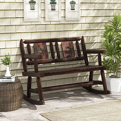 Costway Patio Rocking Bench Carbonized Wood Double Rocker Chair with Ergonomic Seat Rustic