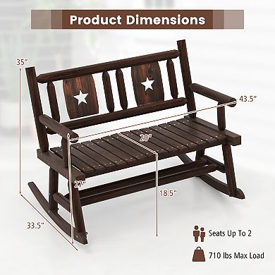 Costway Patio Rocking Bench Carbonized Wood Double Rocker Chair with Ergonomic Seat Rustic
