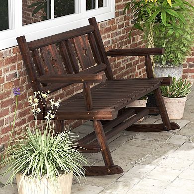Costway Patio Rocking Bench Carbonized Wood Double Rocker Chair with Ergonomic Seat Rustic