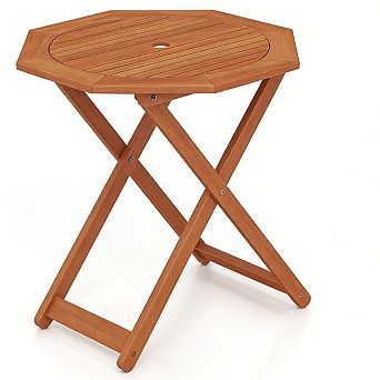 Costway Outdoor Patio Folding Wood Dining Table for 4 with 2" Umbrella Hole for Garden
