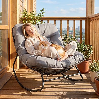 Costway Patio Papasan Rocking Chair,Oversized Egg-shaped Rocker with Thick Cushioned Seat