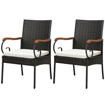 Costway Patio PE Wicker Chairs Acacia Wood Armrests withSoft Zippered Cushion Garden