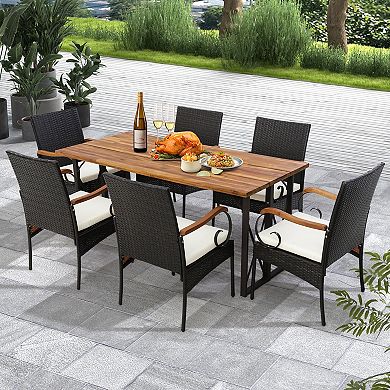 Costway Patio PE Wicker Chairs Acacia Wood Armrests withSoft Zippered Cushion Garden