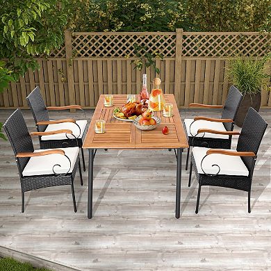 Costway Patio PE Wicker Chairs Acacia Wood Armrests withSoft Zippered Cushion Garden