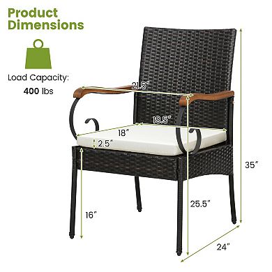 Costway Patio PE Wicker Chairs Acacia Wood Armrests withSoft Zippered Cushion Garden