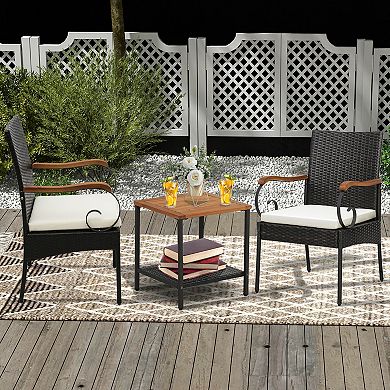Costway Patio PE Wicker Chairs Acacia Wood Armrests withSoft Zippered Cushion Garden