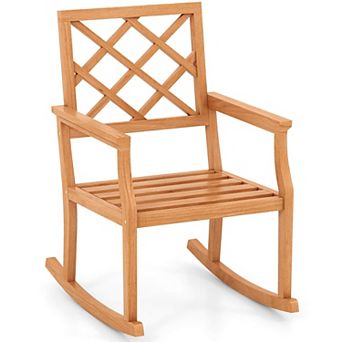 Costway Teak Wood Rocking Chair with Backrest and Slatted Seat Backyard and Lawn