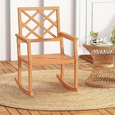 Costway Teak Wood Rocking Chair with Backrest and Slatted Seat Backyard and Lawn