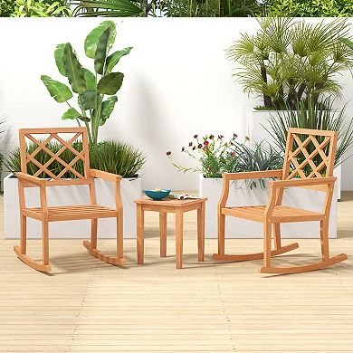 Costway Teak Wood Rocking Chair with Backrest and Slatted Seat Backyard and Lawn