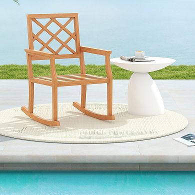 Costway Teak Wood Rocking Chair with Backrest and Slatted Seat Backyard and Lawn