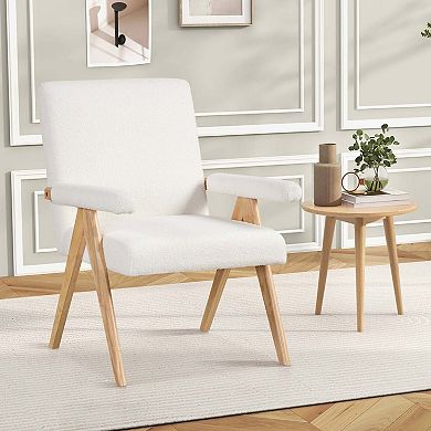 Costway Mid-Century Modern Accent Chair with Solid Rubber Wood Frame and Padded Armrests