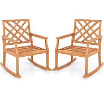 Costway Teak Wood Rocking Chair with Backrest and Slatted Seat Backyard and Lawn