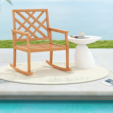 Costway Teak Wood Rocking Chair with Backrest and Slatted Seat Backyard and Lawn