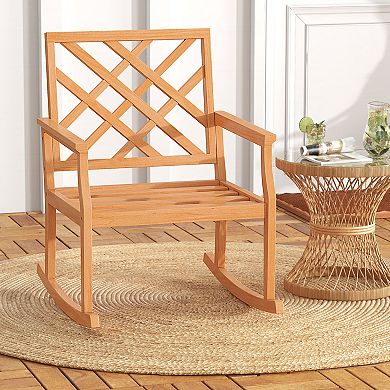 Costway Teak Wood Rocking Chair with Backrest and Slatted Seat Backyard and Lawn
