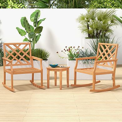 Costway Teak Wood Rocking Chair with Backrest and Slatted Seat Backyard and Lawn