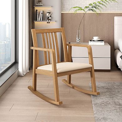 Costway Rocking Chair with Cushioned Seat, Slatted Back & Curved Armrests for Living Room