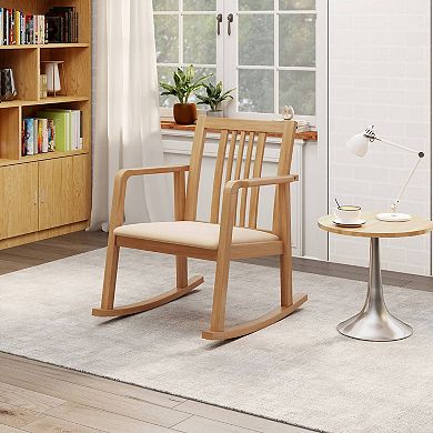 Costway Rocking Chair with Cushioned Seat, Slatted Back & Curved Armrests for Living Room
