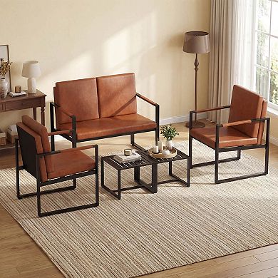 Costway Modern Accent Chair Set of 2 PU Leather Upholstered Armchairswith Solid Metal Frame