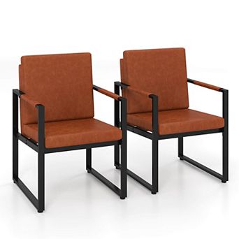 Costway Modern Accent Chair Set of 2 PU Leather Upholstered Armchairswith Solid Metal Frame