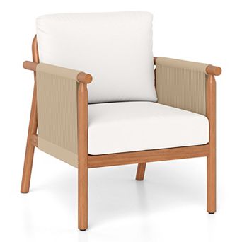 Costway Patio Acacia Wood Chair with Woven Rope Armrests & Seat Back Cushions for Backyard