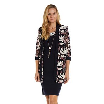 Petite R&M Richards 3 pc Patterned Jacket Dress Set with Necklace