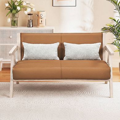 Costway Loveseat Sofa for Small Spaces Artificial Leather Armchair with Throw Pillows