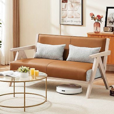 Costway Loveseat Sofa for Small Spaces Artificial Leather Armchair with Throw Pillows