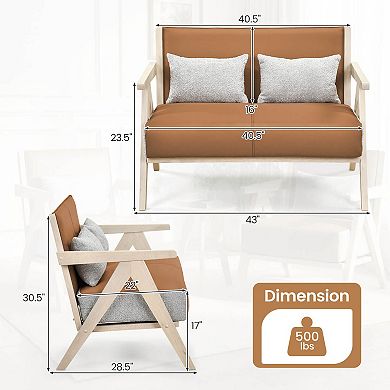 Costway Loveseat Sofa for Small Spaces Artificial Leather Armchair with Throw Pillows