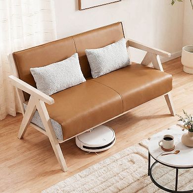 Costway Loveseat Sofa for Small Spaces Artificial Leather Armchair with Throw Pillows