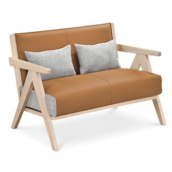 Costway Loveseat Sofa for Small Spaces Artificial Leather Armchair with Throw Pillows