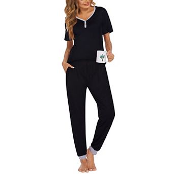 Ekouaer Pajamas for Women Set 2 pc Lightweight Lounge Sets Short Sleeve Tops Joggers Long Pants