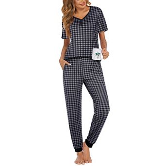 Ekouaer Pajamas for Women Set 2 pc Lightweight Lounge Sets Short Sleeve Tops Joggers Long Pants