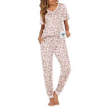 Ekouaer Pajamas for Women Set 2 pc Lightweight Lounge Sets Short Sleeve Tops Joggers Long Pants