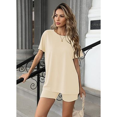 Ekouaer Women's 2 Piece Lounge Set Summer Biker Shorts Set Outfits Short Sleeve Oversized Top