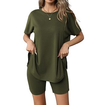Ekouaer Women's 2 pc Lounge Set Summer Biker Shorts Set Outfits Short Sleeve Oversized Top