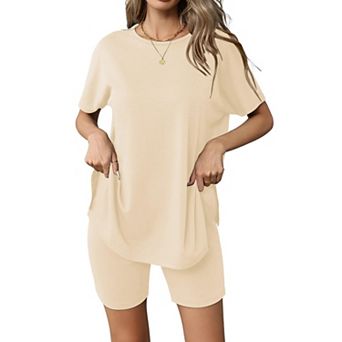 Ekouaer Women's 2 pc Lounge Set Summer Biker Shorts Set Outfits Short Sleeve Oversized Top