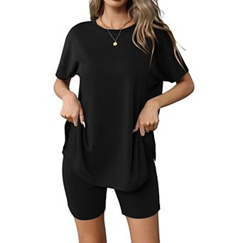 Ekouaer Women's 2 pc Lounge Set Summer Biker Shorts Set Outfits Short Sleeve Oversized Top