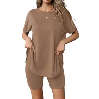 Ekouaer Women's 2 pc Lounge Set Summer Biker Shorts Set Outfits Short Sleeve Oversized Top