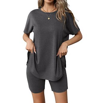 Ekouaer Women's 2 pc Lounge Set Summer Biker Shorts Set Outfits Short Sleeve Oversized Top