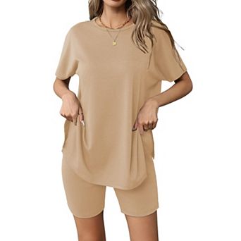 Ekouaer Women's 2 pc Lounge Set Summer Biker Shorts Set Outfits Short Sleeve Oversized Top
