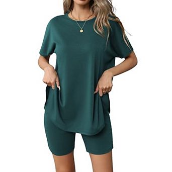 Ekouaer Women's 2 pc Lounge Set Summer Biker Shorts Set Outfits Short Sleeve Oversized Top