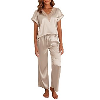 Ekouaer Womens Pajamas Set Satin Pjs with Long Pants Sleepwear Guipure V Neck Loungewear