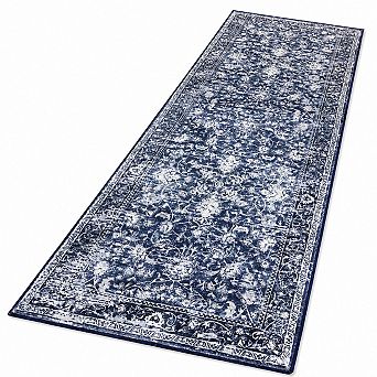 Navy White Boho Printed Non Slip Washable Low Pile Runner Rug for Hallway Kitchen Laundry