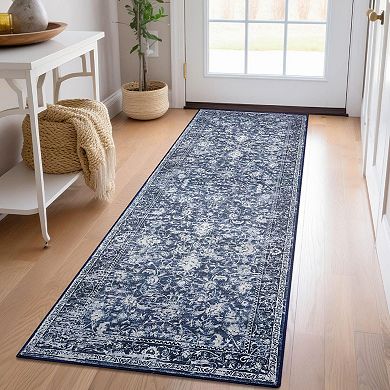 Navy White Boho Printed Non Slip Washable Low Pile Runner Rug for Hallway Kitchen Laundry