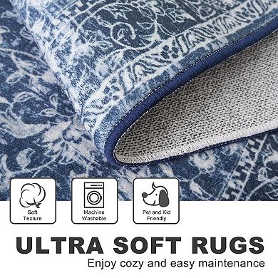 Navy White Boho Printed Non Slip Washable Low Pile Runner Rug for Hallway Kitchen Laundry