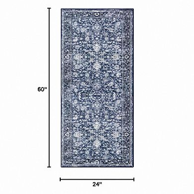 Navy White Boho Printed Non Slip Washable Low Pile Runner Rug for Hallway Kitchen Laundry